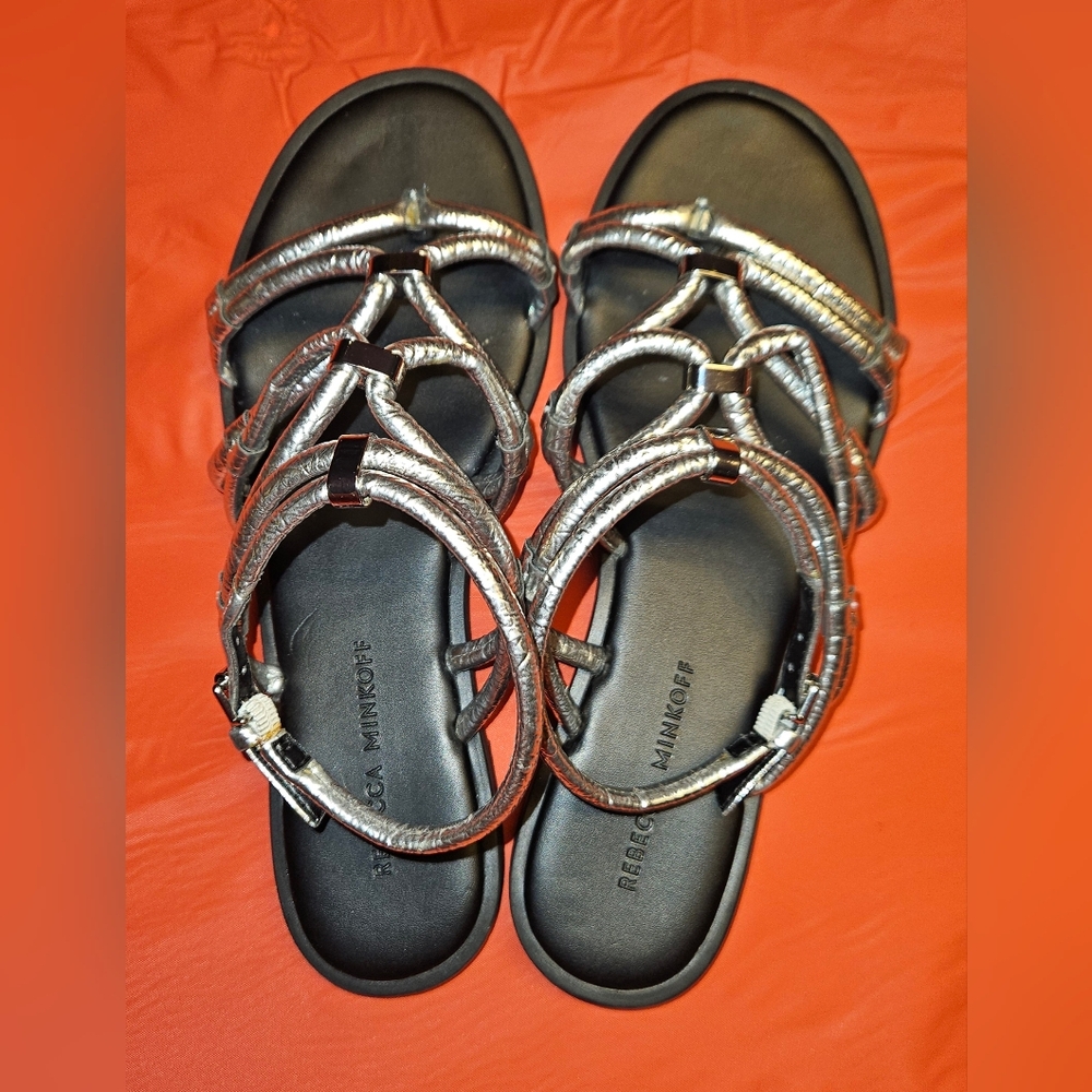 Rebecca Minkoff Sarle Strappy Gladiator Sandals Metallic Silver sz8 E.U.C.